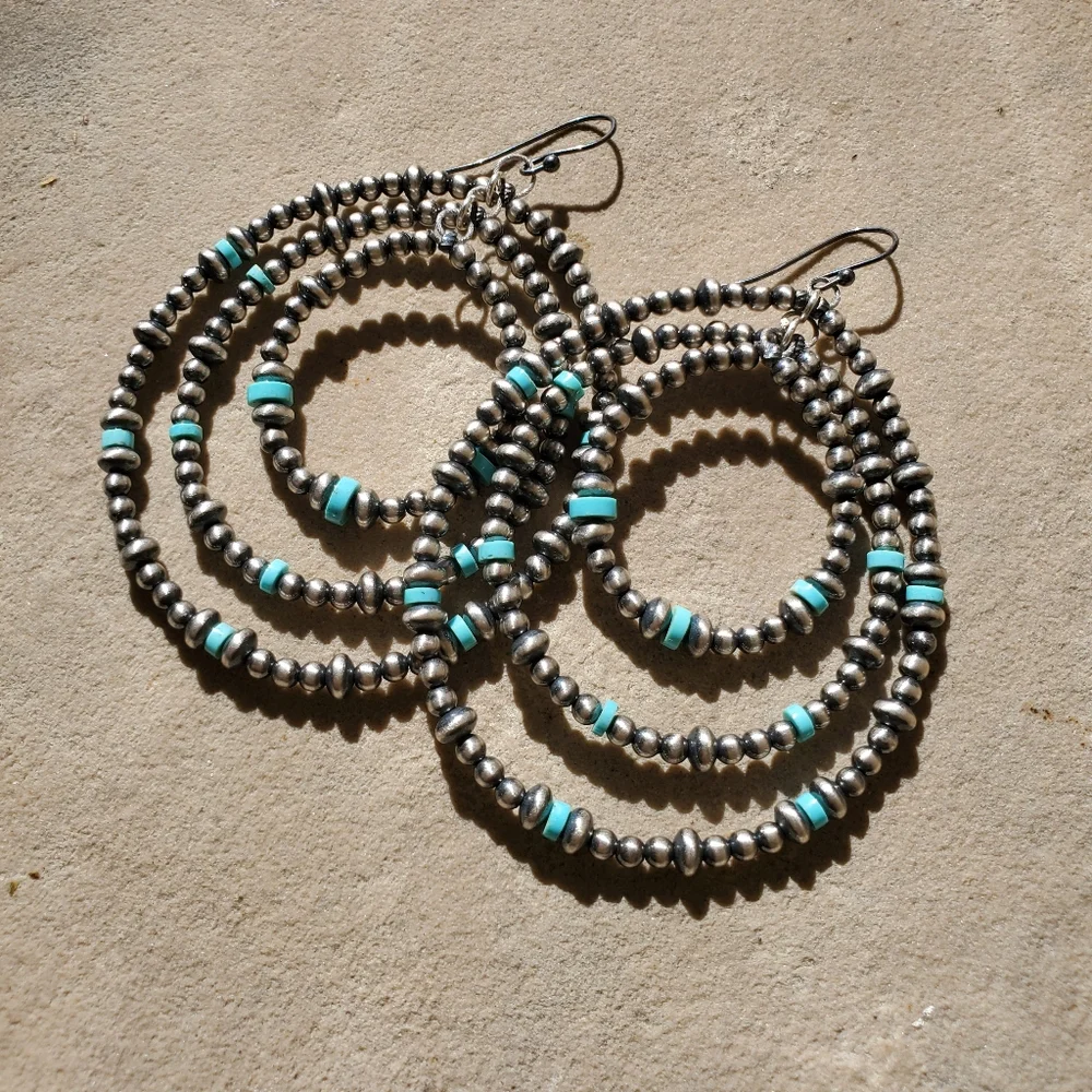 Navajo Pearl Turquoise Bead Triple Circle Dangle Earrings - Picture 2 of 5